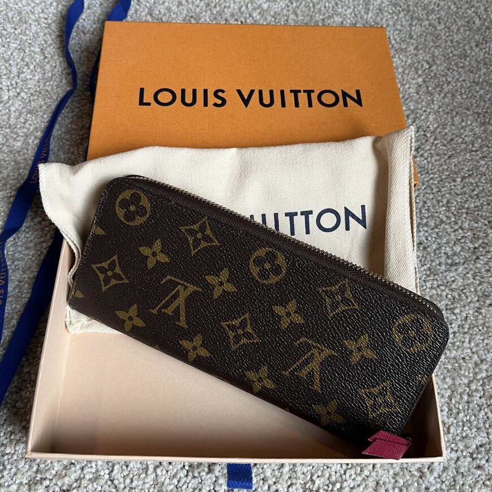 LOUIS VUITTON Clemence Monogram Canvas Zippy Wallet Brown Dark Fuschia